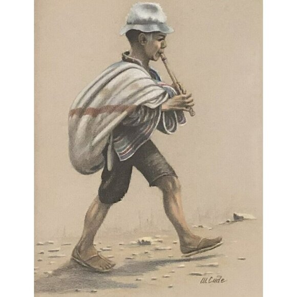 VTG 19"x23" Framed Pastel PRINT Man Playing Flute Recorder by Artist WALT CUDE - Picture 2 of 4